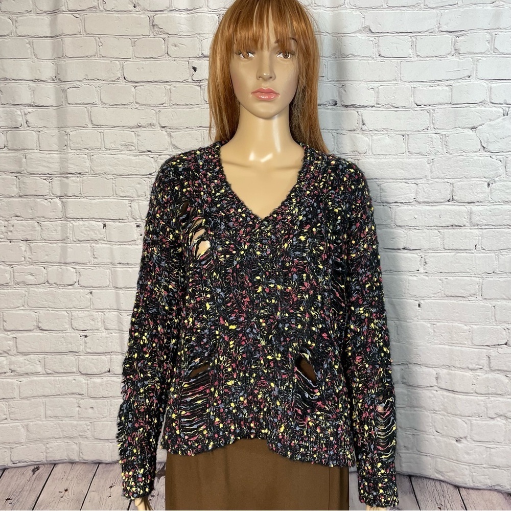 New Lumiere Dropped Stitches V-Neck Knit Sweater Size S